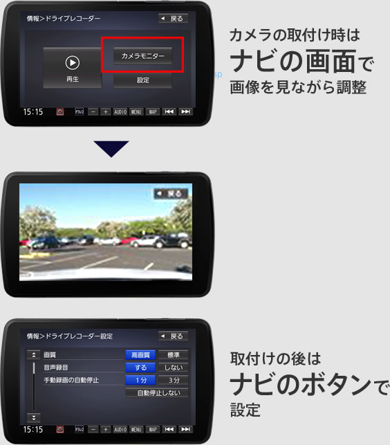カメラの取付け時はナビの画面で画像を見ながら調整 取付けの後はナビのボタンで設定