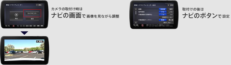 カメラの取付け時はナビの画面で画像を見ながら調整 取付けの後はナビのボタンで設定