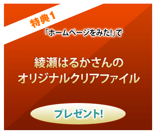 特典1 「ホームページを見た！」で綾瀬はるかさんのオリジナルクリアファイルプレゼント！