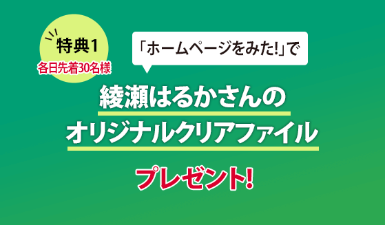 特典1 「ホームページを見た！」で綾瀬はるかさんのオリジナルクリアファイルプレゼント！