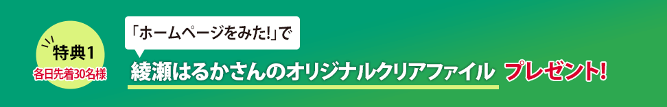 特典1 「ホームページを見た！」で綾瀬はるかさんのオリジナルクリアファイルプレゼント！