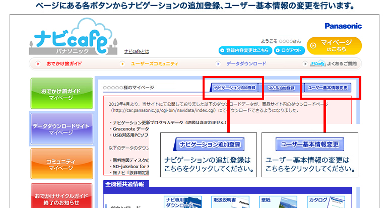 ページにある各ボタンからナビゲーションの追加登録、ユーザー基本情報の変更を行います。