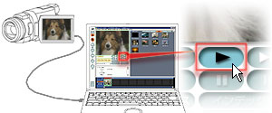 DV機器入力の「再生」ボタンをクリックして、デジタルビデオカメラにセットされたテープを再生します。
