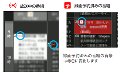 放送中の番組、録画予約済みの番組のアイコン