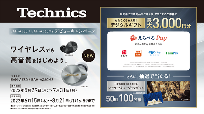 ＜6月15日発売 AZ80/AZ60M2＞ デジタルギフトがもれなくもらえる！テクニクス 完全ワイヤレスイヤホン デビューキャンペーン実施！