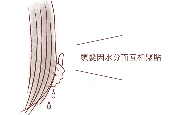 頭髮因水分而互相緊貼